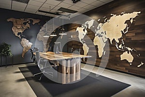 Wooden conference room interior with world map on wall. Missionary work