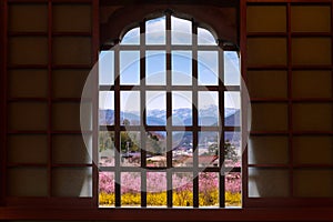 Wooden constructure and detail of traditional ancient Japan house wood wall and window with Hanamiyama park and