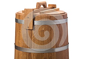 Wooden container with a lid and two metal hoops, on a white background