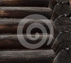 Wooden cottage closeup. Russian izba from solid wood photo