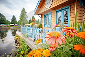 wooden cottage with colorful flowers by the lake