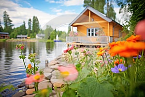 wooden cottage with colorful flowers by the lake