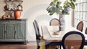 Wooden cottage dining room decor, interior design and country house furniture, home decor, table and chairs, English