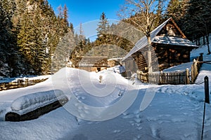 Wooden cottage in forest during hard winter season