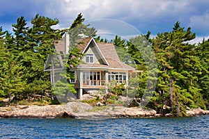 Wooden cottage on the lake photo