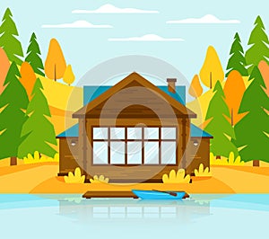 Wooden cottage on lake or river with pier. Holiday house in autumn landscape with hills and forest. Boat near dock