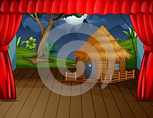 Wooden cottage with landscape on the stage