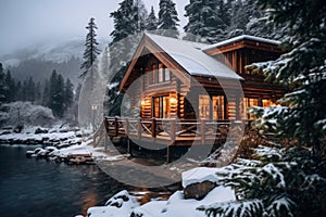 Wooden cottage with light in windows in mountains