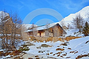 Wooden cottage Simplon Pass nice spring day Switzerland