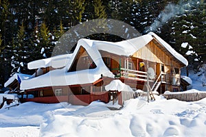 Wooden cottage in snow