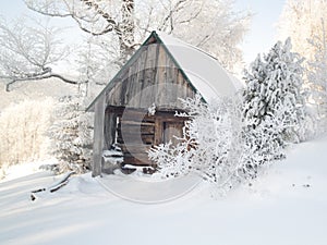 Wooden cottage under snow