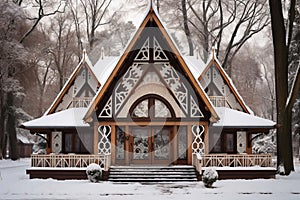 Wooden cottage winter. Generate Ai