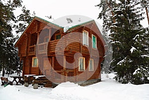 Wooden cottage in winter wood