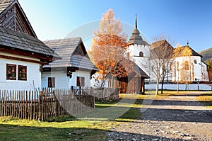 Wooden cottages in village. Rural architecture in open-air museum Pribylina at Slovakia
