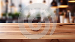 Wooden Counter Against Blurred Kitchen in Background