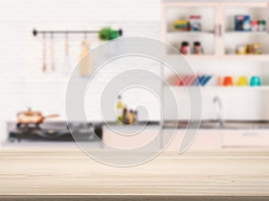 Wooden counter top with kitchen background