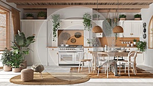 Wooden country kitchen in white and orange tones.Dining table, carpet and appliances. Scandinavian boho interior design