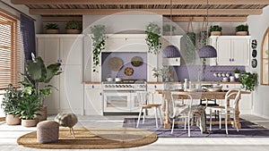 Wooden country kitchen in white and purple tones.Dining table, carpet and appliances. Scandinavian boho interior design