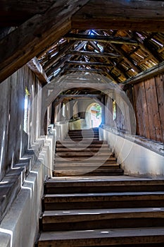 Wooden covered staircase at the Saxon Biertan Fortified Church. Biertan, Sibiu County, Transylvania, Romania