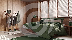 Wooden cozy bedroom in green and beige tones. Master bed with pillows and duvet, window with venetian blinds, carpets and decors.