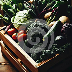 Wooden crate of farm fresh vegetables