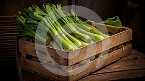 Wooden crate filled with fresh and hearty leeks