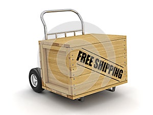 Wooden crate with stamp free shipping on Hand Truck. Image with clipping path