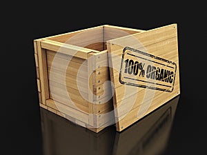 Wooden crate with stamp 100% Organic. Image with clipping path