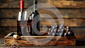 A wooden crate with two wine glasses and a bottle of red, AI