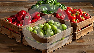 Wooden crates filled with crisp apples vibrant peppers and plump tomatoes all locally and sustainably grown