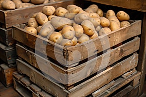 Wooden crates filled with fresh potatoes in a rustic market setting, ideal for use in agricultural, food industry, and