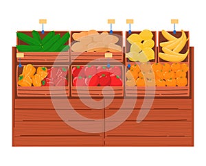 Wooden crates with fresh vegetables and fruits display. Market stall with tomatoes, bananas, oranges vector illustration