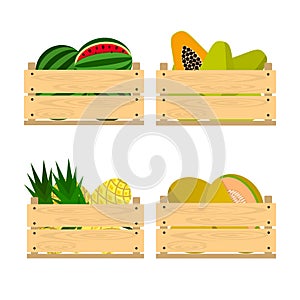 Wooden crates with fruits