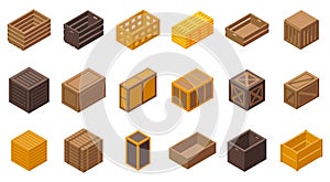 Wooden crates icons set isometric vector. Storage box