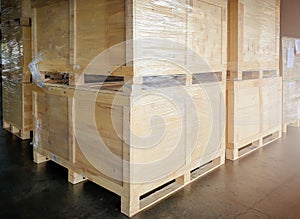 Wooden Crates Stacked in Storage Warehouse. Supply Chain. Shipping Cargo Supplies Distribution Warehouse Logistic