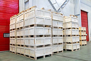 wooden crates in the warehouse. Warehousing concept