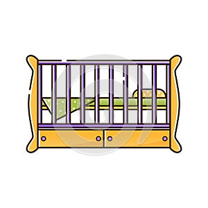 Wooden crib for a newborn child with a pillow and blanket. Vector isolated object on a white background. Birth of a baby boy or