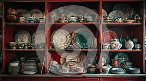 Wooden crockery in the pantry in the kitchen