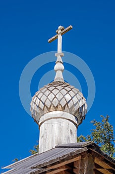 Wooden cross on Anzersky Island. Solovky Islands, Russia