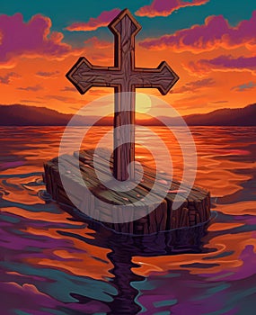 wooden cross on the background of sunset, in the water