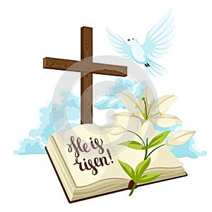 Wooden cross with bible, lily and dove. Happy Easter concept illustration or greeting card. Religious symbols of faith