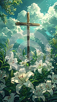Wooden cross among the blooming lilies, under a blue sky. Concept of Easter greetings, celebration, resurrection joy