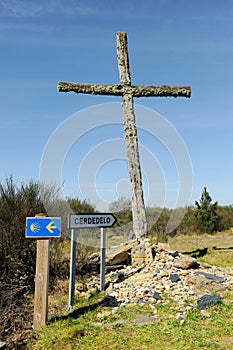 Wooden cross on the Camino de Santiago near Cerdedelos, Galicia, Spain photo