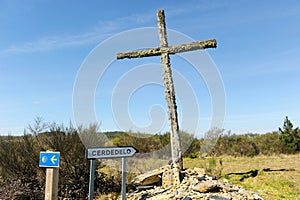 Wooden cross on the Camino de Santiago near Cerdedelos, Galicia, Spain photo