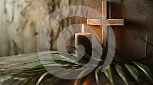 Wooden cross, candle and palm leaves