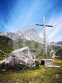 Wooden cross at the Church of the Aosta Battalion of the Alpine Troops  and Monte Cervino