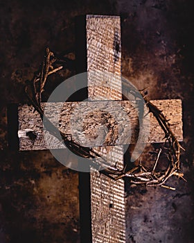 Wooden Cross and Crown of Thorns