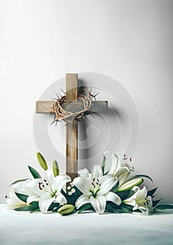 Wooden Cross with Crown of Thorns and White Lilies, Symbolizing Easter and Christian Faith photo
