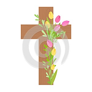 Wooden cross decorated with tulips. Easter