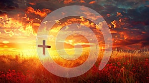 Wooden cross in a field at sunset with dramatic sky